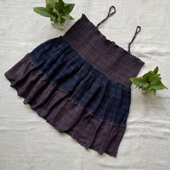 SOLD ❌ Brown and Blue Checked Smocked Top with noodle straps from LOFT - Picture 1 of 5